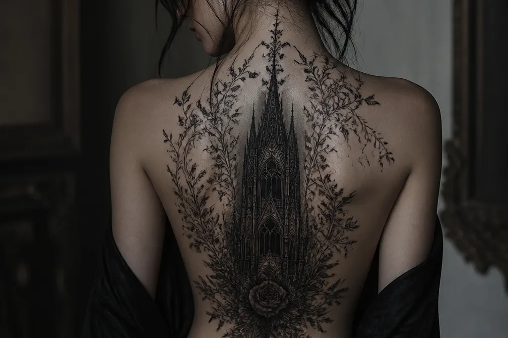 Gothic back tattoos for women with dark detail