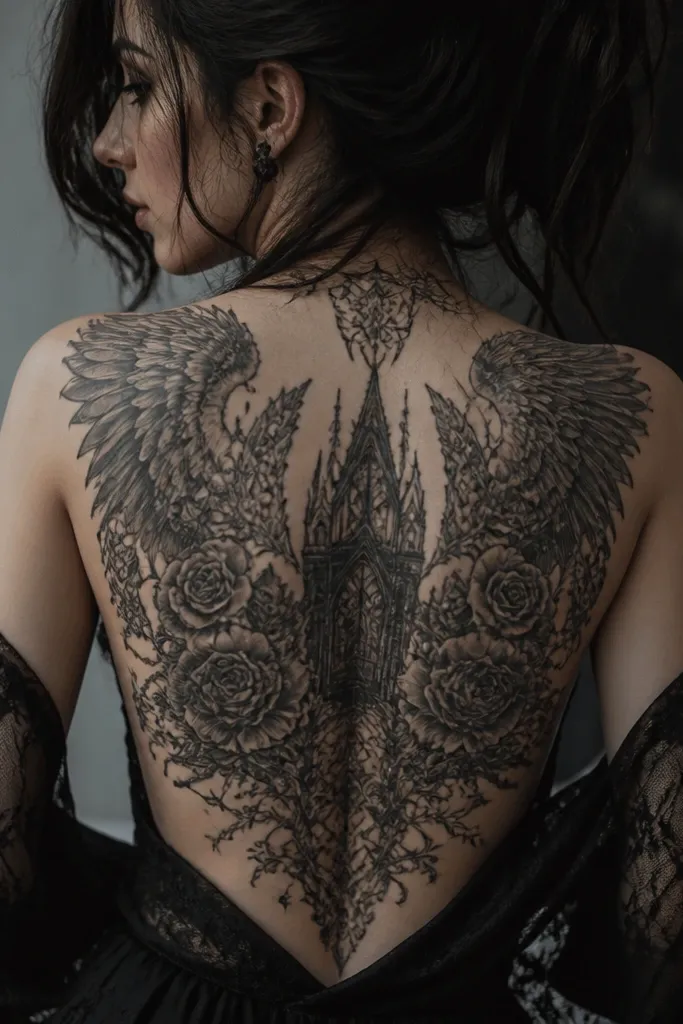 Gothic back tattoos for women with dark detail